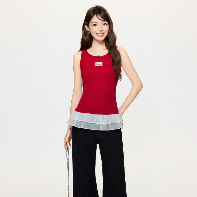 Korean-Style Ruffled Lace Skirt with Spliced Straps for Women, 2026 Summer Red Gentle Style Base Tank Top
