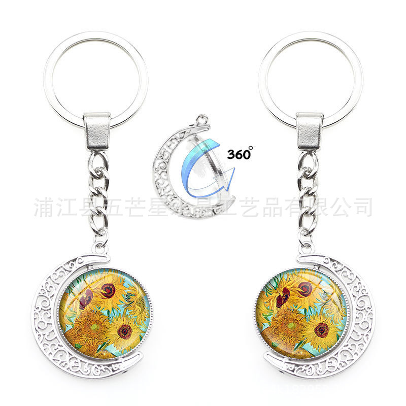 梵高油画向日葵时光宝石钥匙扣钥匙圈挂件批发厂家直销钥匙扣促销