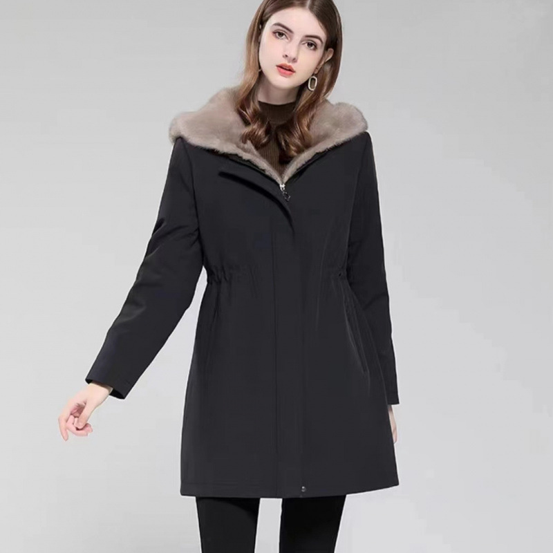 New Nido Women's Short fleece-lined plus size Pike Fur Coat Loose Hooded Mid-length Coat Cotton Coat