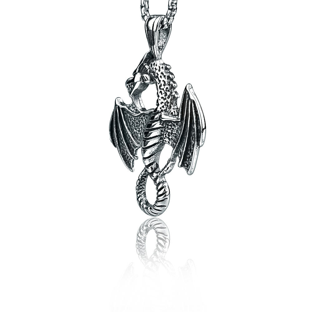 Eredità del Drago: Collana con ciondolo vintage da uomo, con perle quadrate in acciaio inossidabile, dio animale, drago_voghion.com