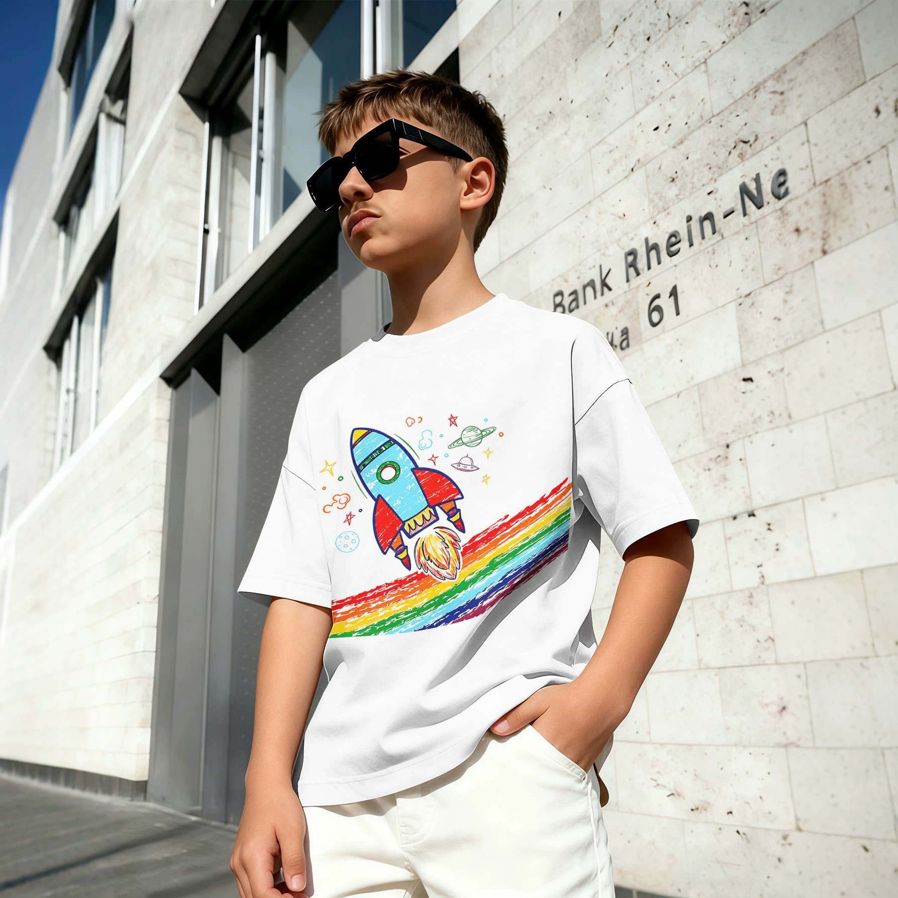 Space Rocket Fun 3D Print Boys' Short-Sleeve T-Shirt White Casual Crew Neck Top_voghion.com
