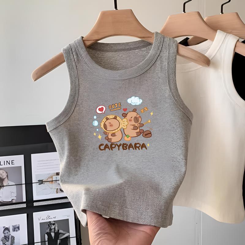 Girls' Clothing Pure Cotton Gray Sleeveless T-Shirt Vest Summer Korean Style Medium and Large Children's Fashionable Suspender Tops for Outer Wear