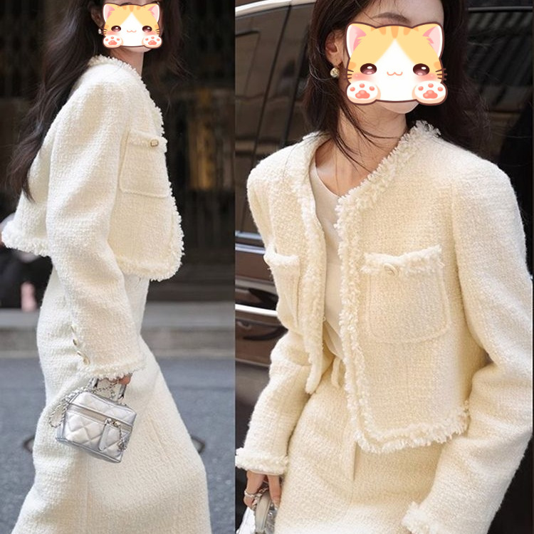 富家千金大小姐气质小香风两件套装裙女秋冬圆领长袖短外套感|undefined