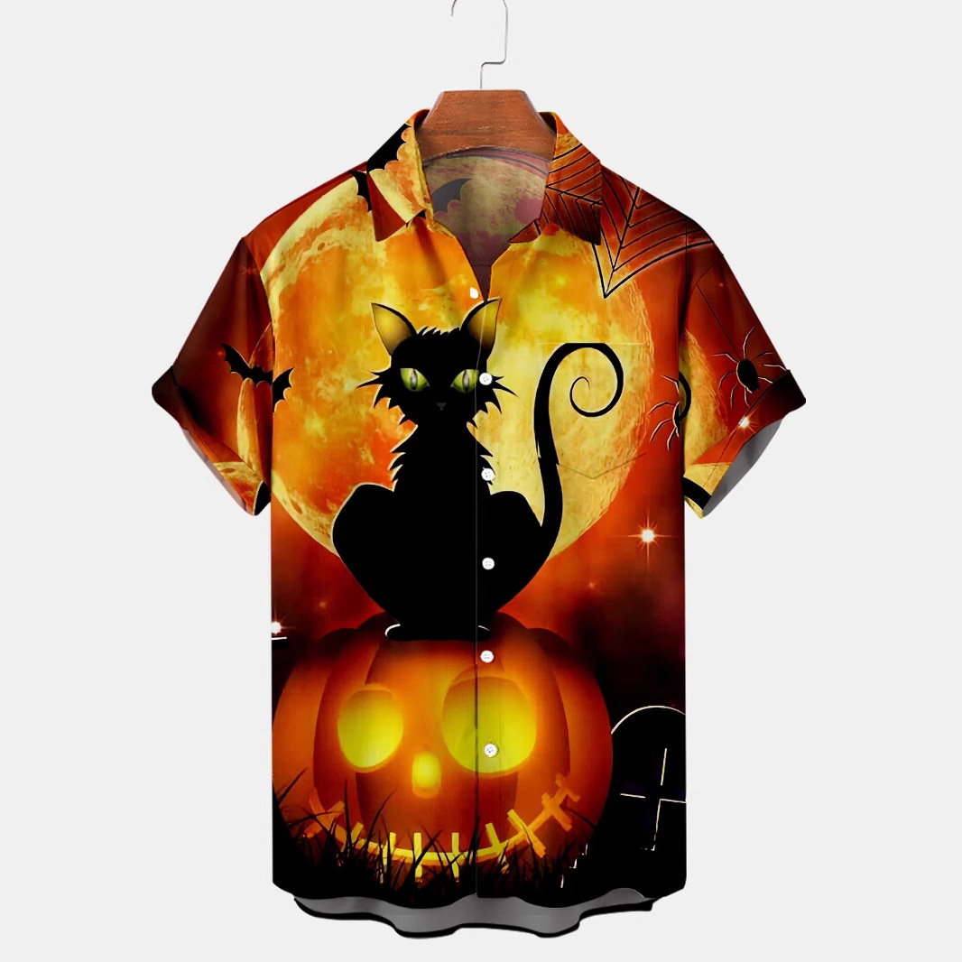 【优质四面弹】3D数码印花骷髅头夏威夷男士短袖衬衫外贸批发