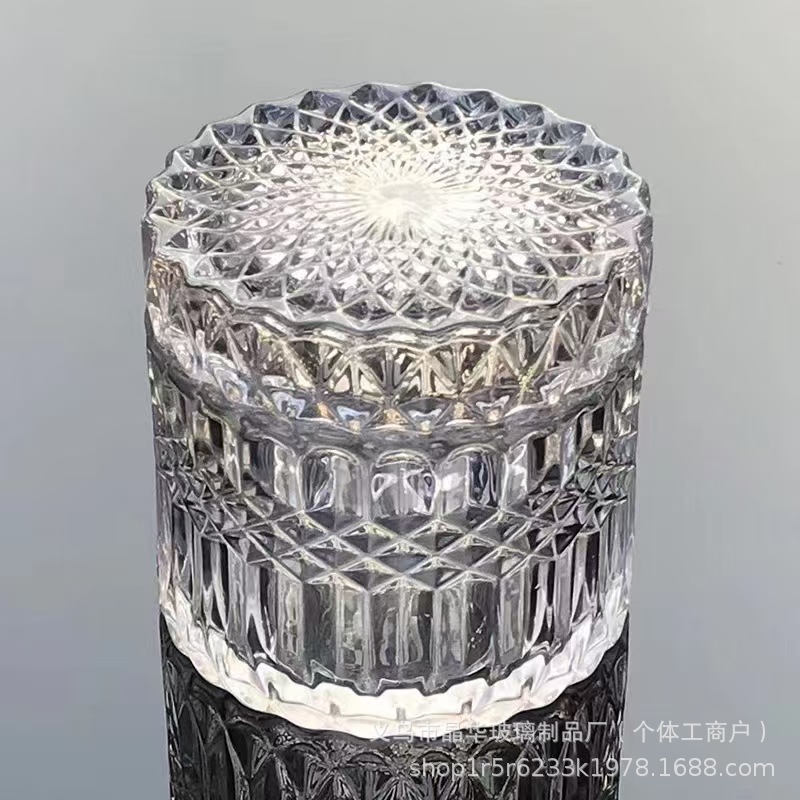 Taza de vidrio transparente de vidrio cristal con tapa de taza de vela de incienso con patrón de relieve conjunto
