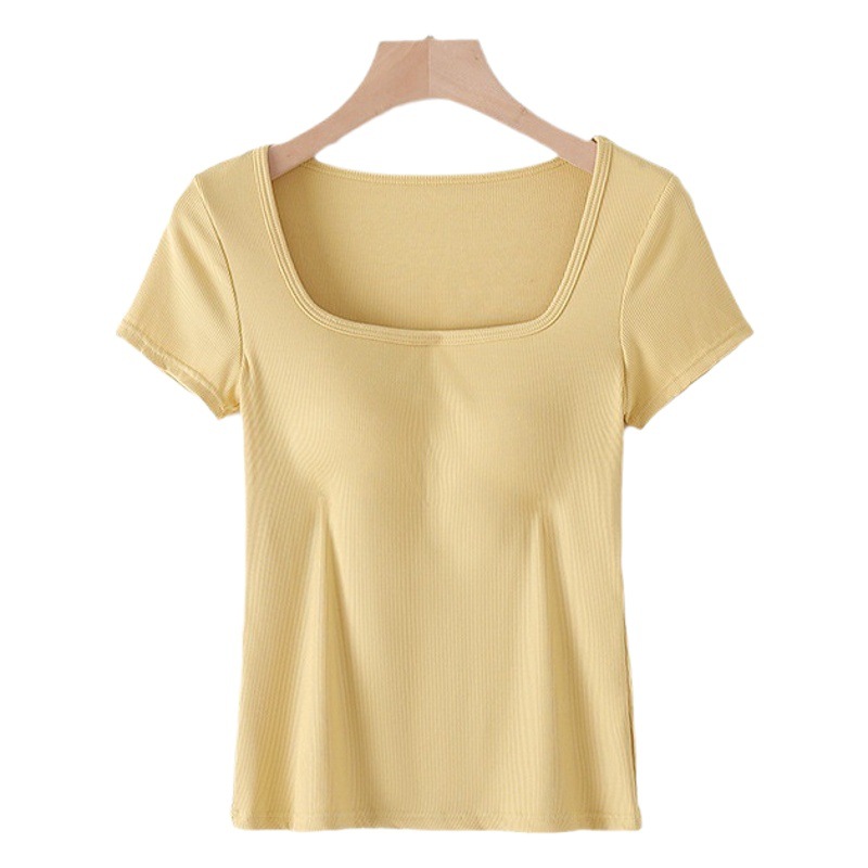 New Summer Square-Neck Women's Inner Wear with Built-In Bra Pads, Short-Sleeve Integrated Base Top with Integrated Cup and Half Sleeves