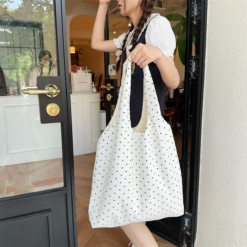 90g Weight Poplin Lining Material 19695304699 Fashion Element Open Closure Type Double Shoulder Straps Strap Type Tote Bag Bags Type Travel, Daily Occasion Canvas Material Round Dots Pattern All Seasons, Spring&Summer Season Women's Gender Streetwear Style Square Shape Medium Size 45262 New Polka Dot Canvas Bag Women's Large Capacity Bag College Students Class Canvas Bag Special-Interest Shoulder Bag 30