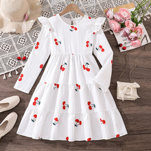 女大童连衣裙2025秋季新款韩版圆领长袖可爱樱桃印花小女孩公主裙