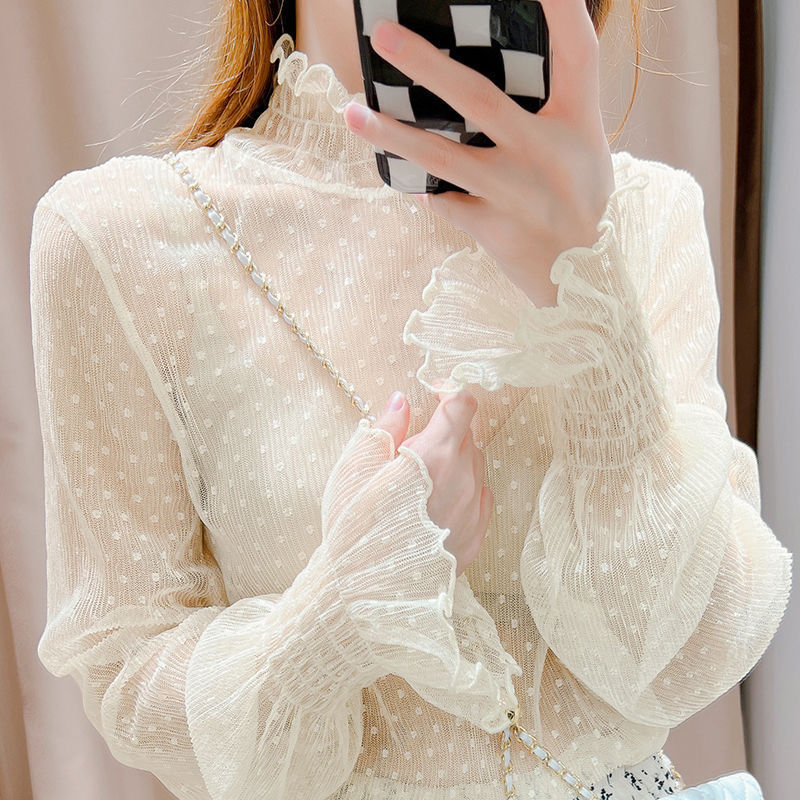 Half Turtleneck Lace Bottoming Shirt for Women, Spring & Fall Style, Transparent Gauze Edge, Long-Sleeved Mesh Top