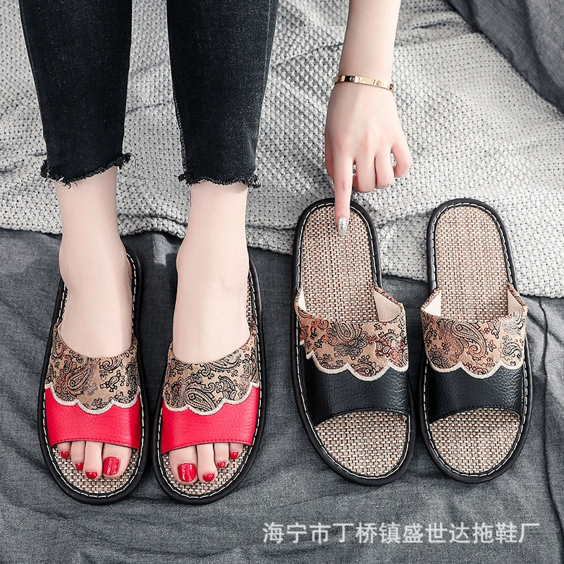 Новые летние льняные сандалии и тапочки на говяжьей подошве для влюбленных, домашние мужские кожаные тапочки в европейском стиле с деревянной доской оптом