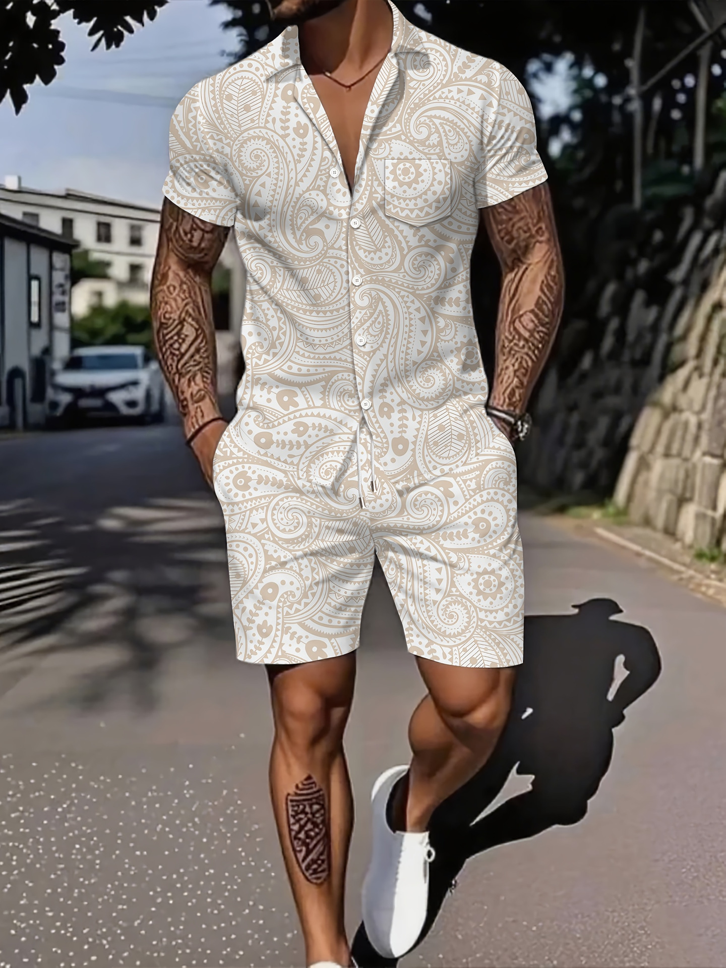 Ensemble deux pièces pour homme : chemise à manches courtes respirante et ample, imprimé lettres, style décontracté idéal pour l'été._voghion.com