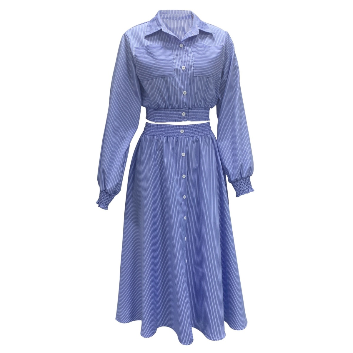 Modisches, lässiges, gestreiftes, langärmeliges Hemd, Oberteil, halber Rock, zweiteiliges Set für Damen_voghion.com