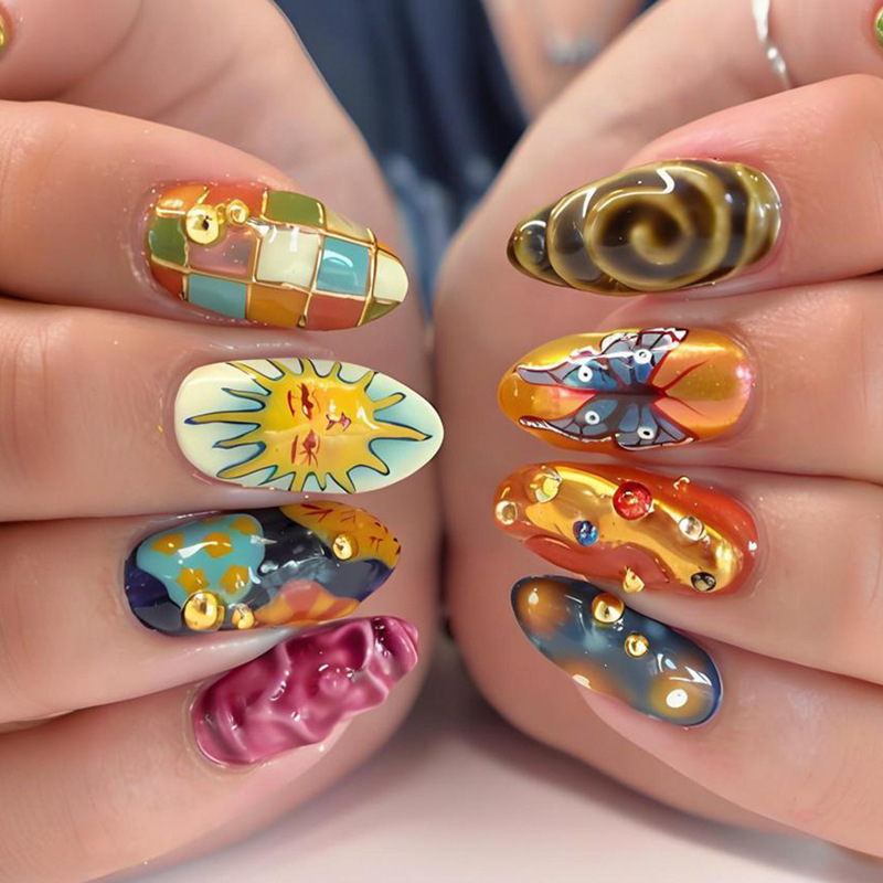 New European and American Style Plaid Sun Butterfly Personalized Almond-Shaped False Nails, Cross-Border Fake Nail Tips, Nail Stickers That Enhance Complexion