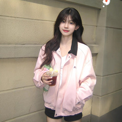 甜美风粉色翻领休闲夹克上衣女早秋小众设计感宽松美式棒球服外套