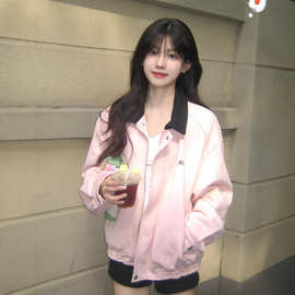 甜美风粉色翻领休闲夹克上衣女早秋小众设计感宽松美式棒球服外套