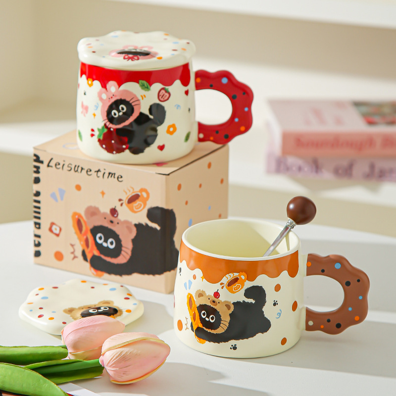 Con cubierta encantador conjunto de dibujos animados gato negro tazas de alto valor pareja tazas de cerámica tazas de agua marca regalo acompañante