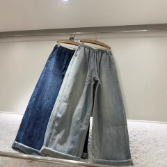 复古水洗磨白高腰牛仔阔腿裤女士纯色简约宽松百搭显瘦休闲直筒裤