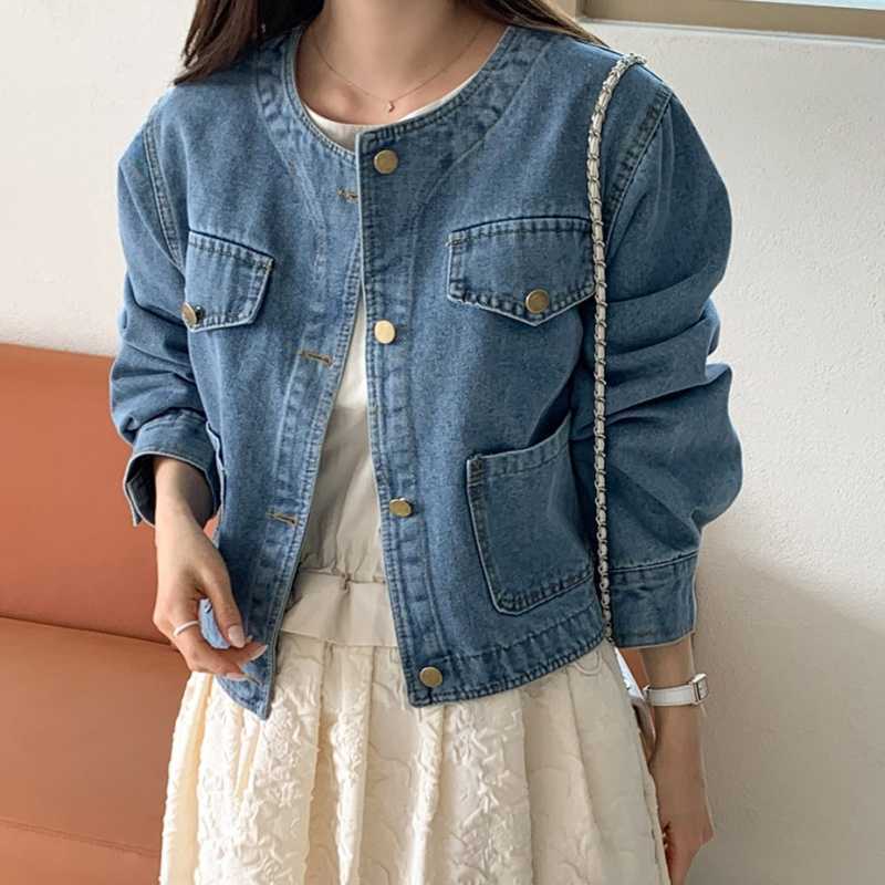 Autumn New Vintage Collarless Single-Breasted Loose Versatile Short Pocket Denim Jacket for Women