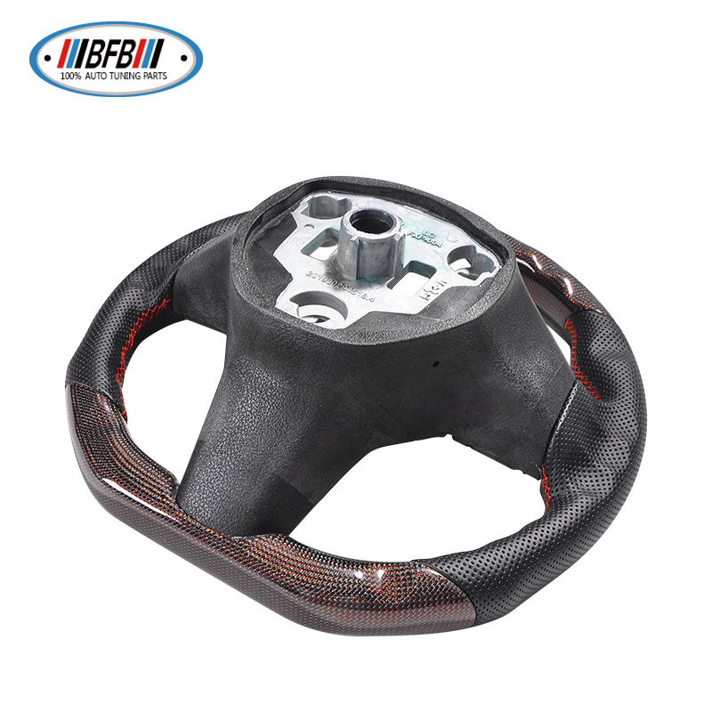 100% Real Carbon Fiber Red Glossy Black Perforated Steering Wheel Cover - For Tesla Model 3 Y - Red Leather Stitching Modification