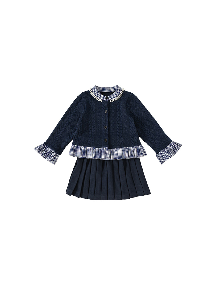 Conjunto de Dos Piezas de Ropa Infantil Bangxuan para Primavera y Otoño, Estilo Universitario, Cárdigan de Punto con Mangas con Volantes y Falda Plisada para Niñas