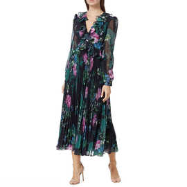 XXL dress 跨境外贸2023春夏女装 V领拼荷叶边长袖印花长款压褶裙