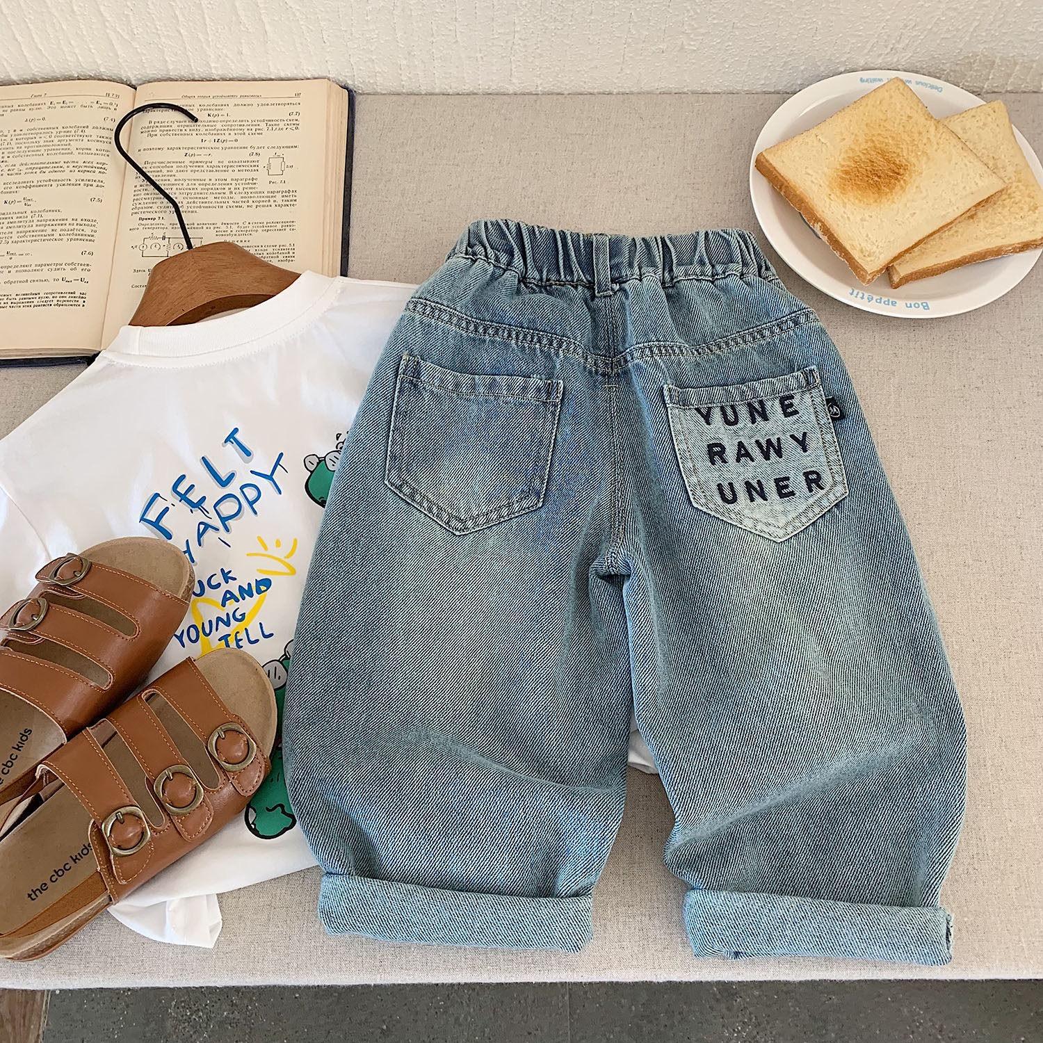 Otoño bebé jeans, pantalones de primavera para niños y niñas, pantalones de rábanes, pantalones de jeans agujeros de letras para niños