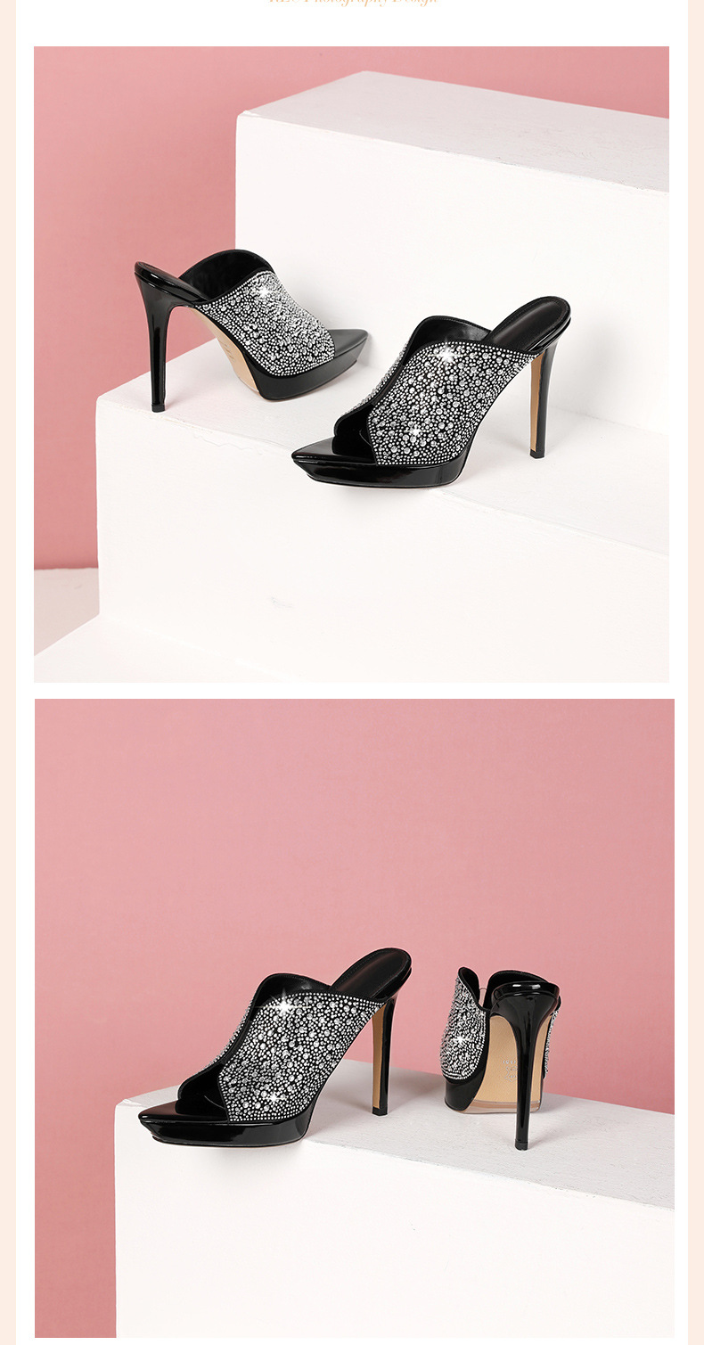 Sandal cao gót nữ mũi nhọn hở mũi đính đá, quai ngang, đế platform, gót 9 cm — Màu đen da cừu lộn chi tiết 7