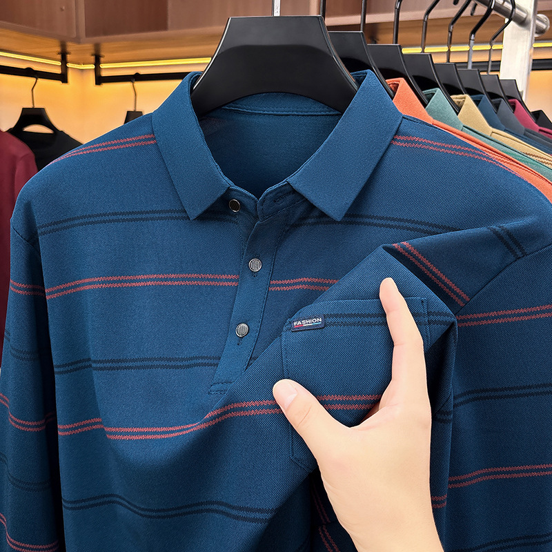 2026 new spring and autumn collection: casual striped long-sleeved polo shirt with a pocket, designed for middle-aged men 2026 new spring and autumn collection: casual striped long-sleeved polo shirt with a pocket, designed for middle-aged men