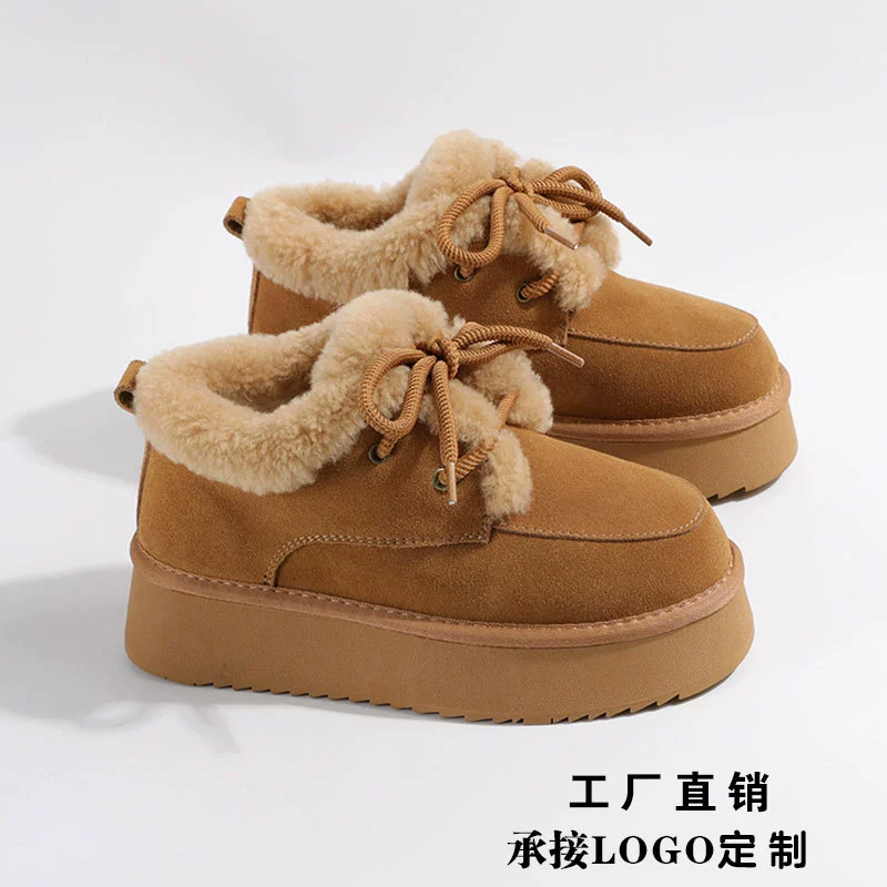 Шерстяные снежные сапоги женские толстые на дне шерсти один зимой утолщенные теплые короткие трубочки женские кожаные хлопчатобумажные сапоги хлебные туфли
