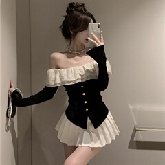 法式一字肩长袖针织衫女装秋季纯欲风荷叶边拼接收腰修身气质上衣