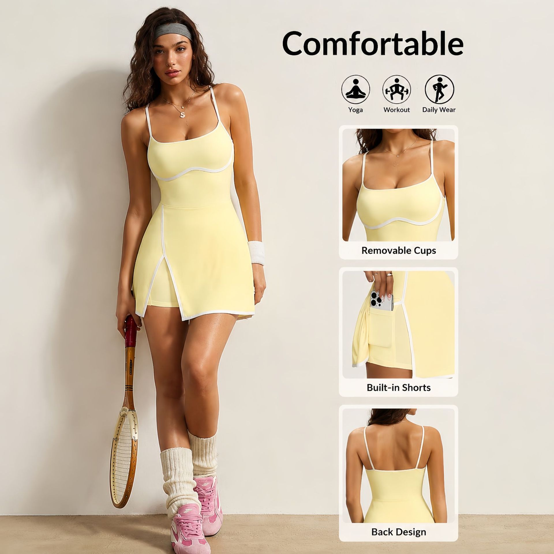 Cross-Border Yoga One-Piece Dress with Contrasting Color Straps, Fitness Badminton Sports Dress, Summer Tennis Dress with Chest Pads, Tennis Outfit