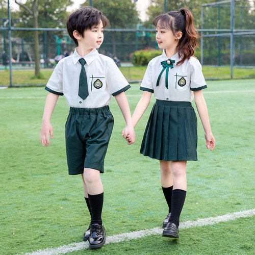 Kindergarten British style girls boys stage performance school uniforms  dark green children's class uniform  Summer short-sleeved graduation photo suit for kids