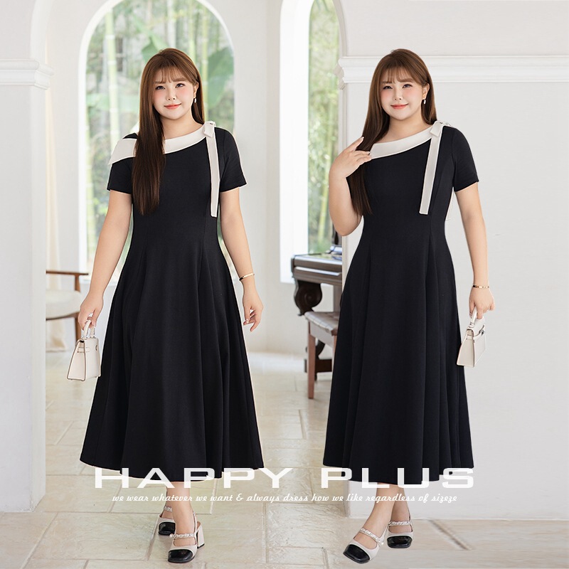 Runqi Plus Size Asymmetrical Shoulder Waist-Cinching Flared Dress with Contrasting Color Bow 9266 Commuter Slimming Little Black Dress Long Style Runqi Plus Size Asymmetrical Shoulder Waist-Cinching Flared Dress with Contrasting Color Bow 9266 Commuter Slimming Little Black Dress Long Style
