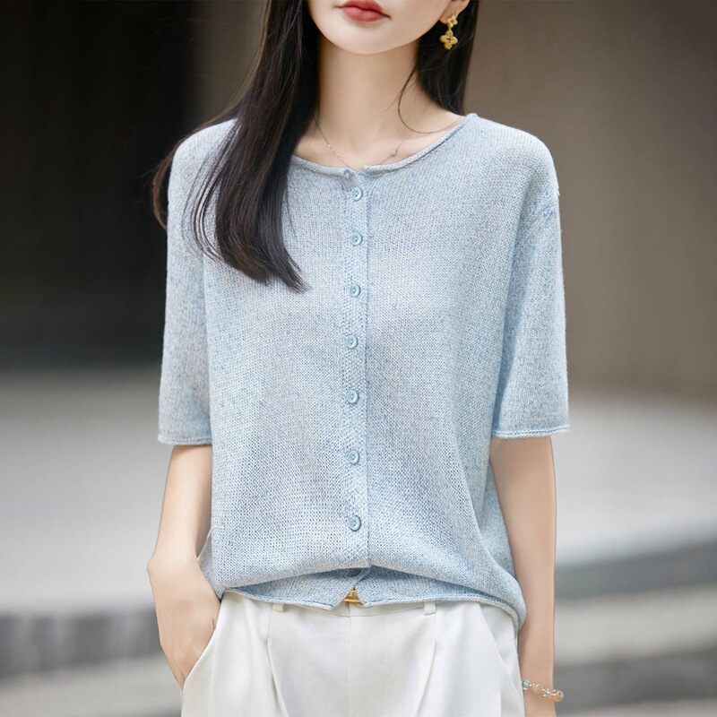 Summer Knitted T-Shirt Women's Short-Sleeved Cardigan 2026 New Style Super Nice-Looking Blue Simple and Versatile Slimming Outer Top
