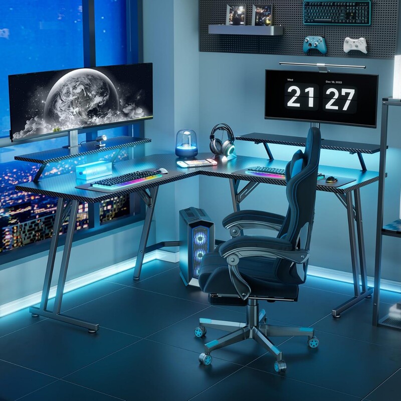 Game Table with LED Light Charging Station L-shaped Game Table Carbon Fiber Surface with Monitor Stand Desk