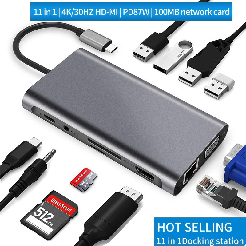 11 en 1 USB tipo c hub convertidor HDMI 4K HD portátil móvil gigabit dock