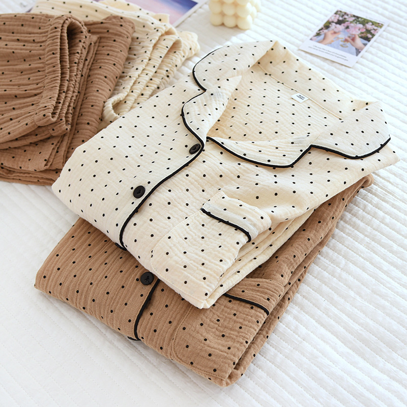 Pure Cotton Crepe Pajamas for Women, Spring and Summer Double-Layer Cotton Gauze Home Wear Set, Long-Sleeved Long Pants, Casual Loose Cardigan Pure Cotton Crepe Pajamas for Women, Spring and Summer Double-Layer Cotton Gauze Home Wear Set, Long-Sleeved Long Pants, Casual Loose Cardigan