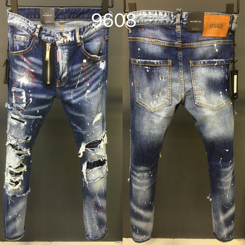 9608 second-power fashion brand jeans European and American cross-border Men's straight Denim trousers European station ripped broken Denim