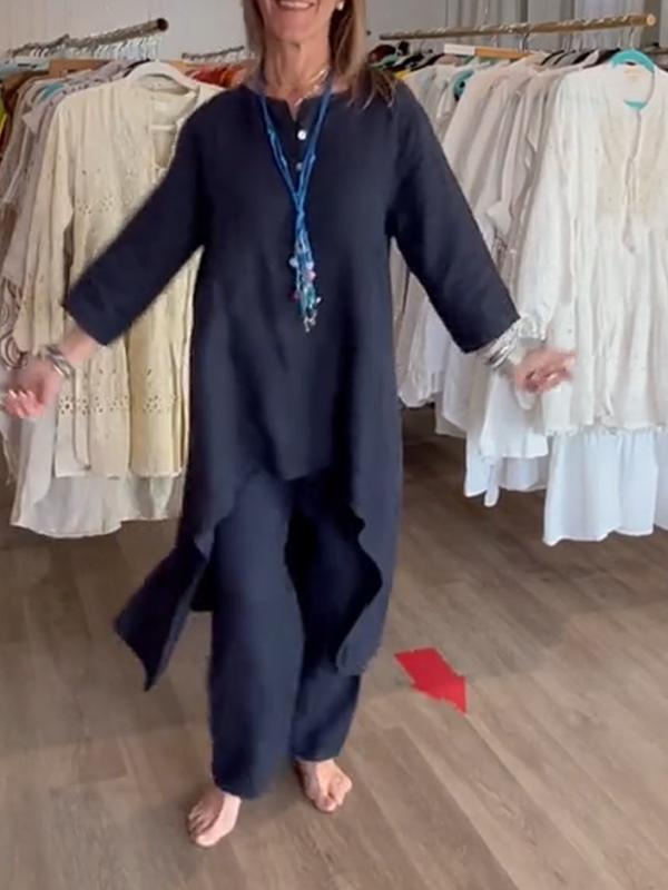 Sommer Neues Produkt Schneller Verkauf Einfarbiges Lässiges Langarm-Set aus Baumwolle und Lazy Style für Damen_voghion.com