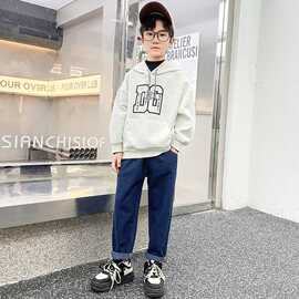 男童深蓝色牛仔裤夏季新款中大童男孩帅气时髦炸街潮牌水洗长裤子