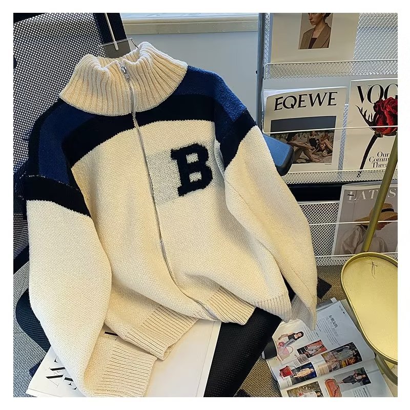 2025 Hong Kong Fashion Brand Splicing Cardigan Knitwear Men's Early Autumn and Winter Zipper Loose Half Turtleneck Sweater Jacket