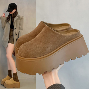 Genuine Leather 8CM Thick Bottom Half Slippers for Outer Wear Spring 2025 New Style Slip-on Casual All-match Birkenstocks Shoes for Women