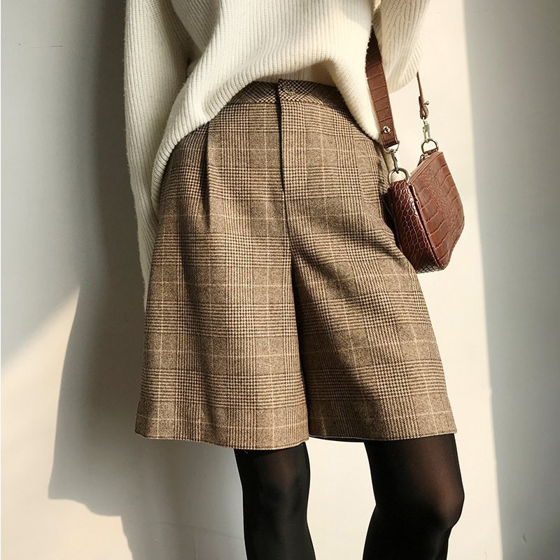 Spring and Summer Women's Pants Woolen Loose Elegant Commuter Brown Korean Style High Waist Shorts Wool Wide Leg Pants Plaid Pants