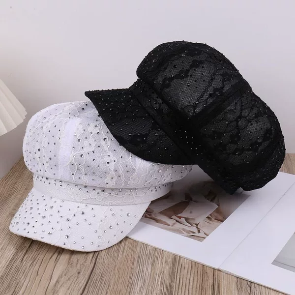 2026 Spring/Summer Breathable Lace Mesh Rhinestone Stylish Versatile Octagonal Hat for Outdoor Vacation Travel Fashion Sun Hat