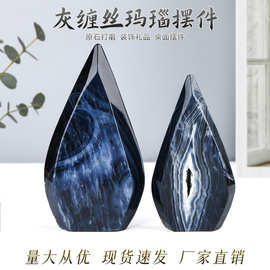 跨境工厂批发天然水晶工艺品原石矿石手工打磨灰缠丝玛瑙摆件