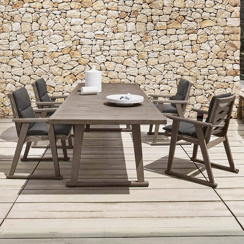 Mesa y silla de madera maciza al aire libre patio jardín ocio mesa larga hotel villa jardín impermeable combinación de mesa de teca