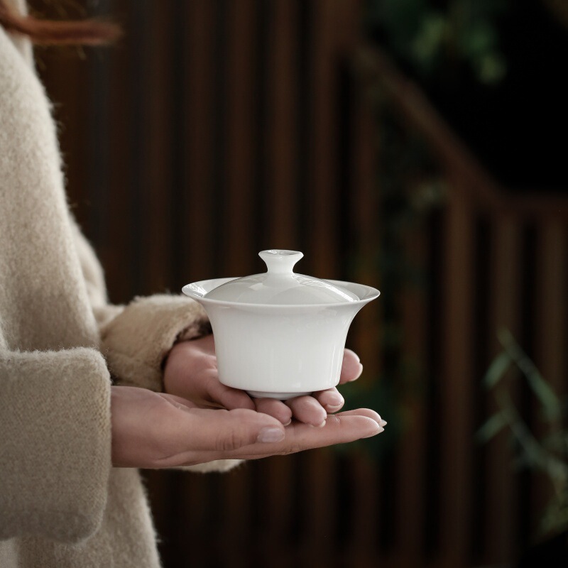 Yin Chuantang White Porcelain Sancai Gaiwan Kung Fu Tea Set Jade Clay Pure White Gaiwan Tea Bowl Rock Tea Ceremony Tea Bowl Home