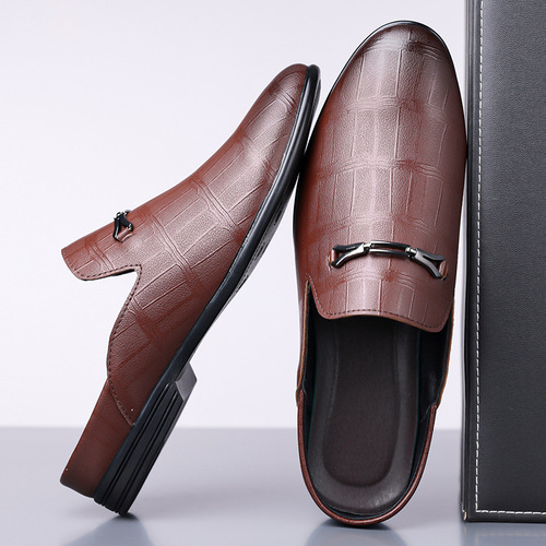 Leather summer flat head half slippers men's business casual bright leather shoes pointed formal dress men's shoes