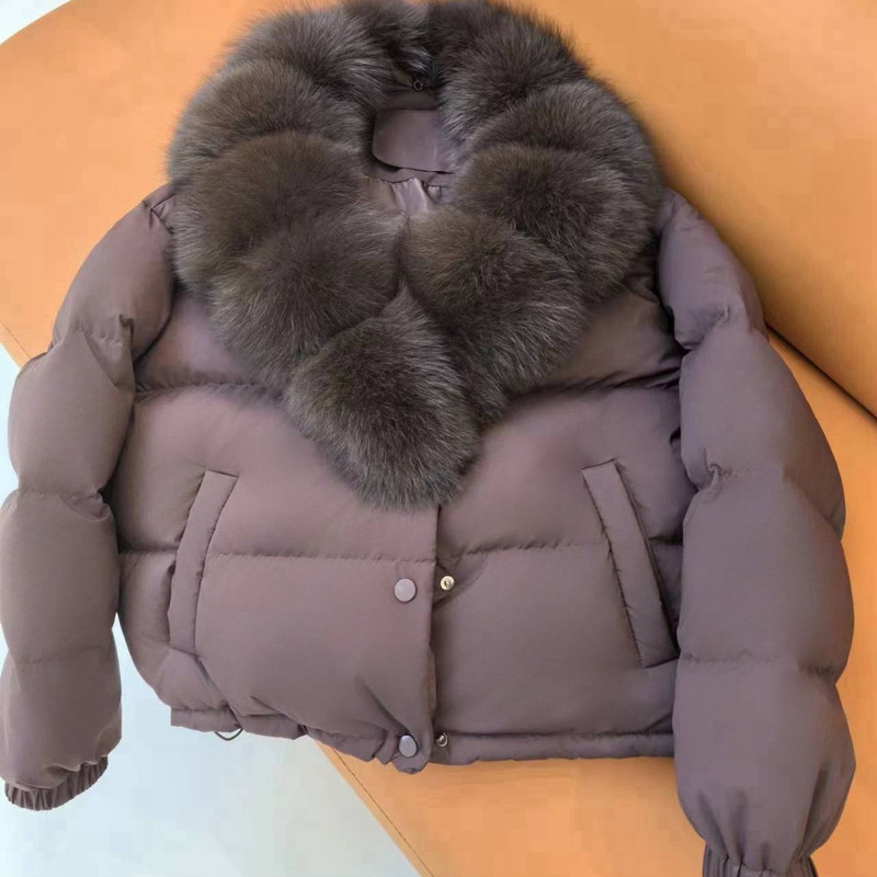 In-Stock Women's Flat-Hem down Jacket with Real Fox Fur Collar, Short Fashion Fur Coat, Loose Fit