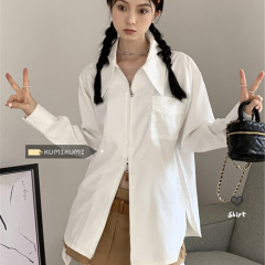 法式设计感双拉链白色POLO领长袖衬衫女早秋小众内搭衬衣蓝色上衣